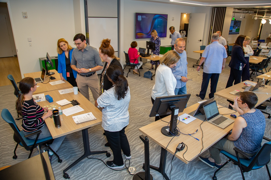 Photo of FHLBank Boston employees learn about assistive technology from experts at Perkins School for the Blind.